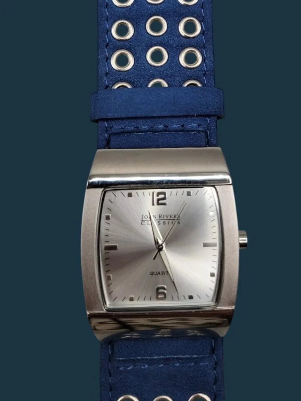 Joan Rivers Classics Tonneau Watch Royal Blue Wide Suede Leather Band 7.5